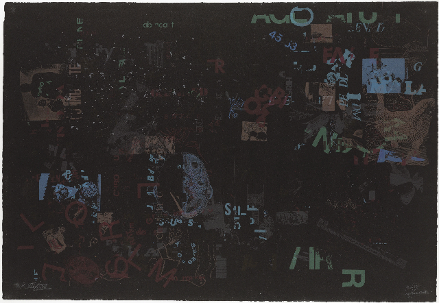 Lithography by John Cage featuring muted blues and greens on dark background