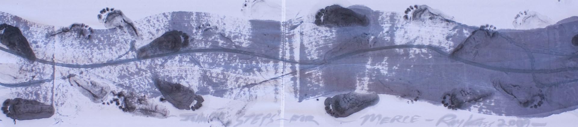 Artwork showing footseps of dancers, who stepped in paint then danced on artwork