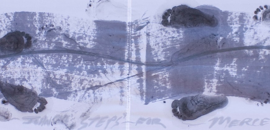 Artwork showing footseps of dancers, who stepped in paint then danced on artwork