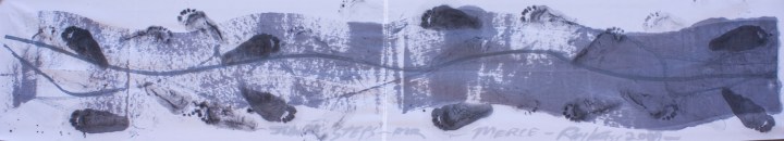 Artwork showing footseps of dancers, who stepped in paint then danced on artwork