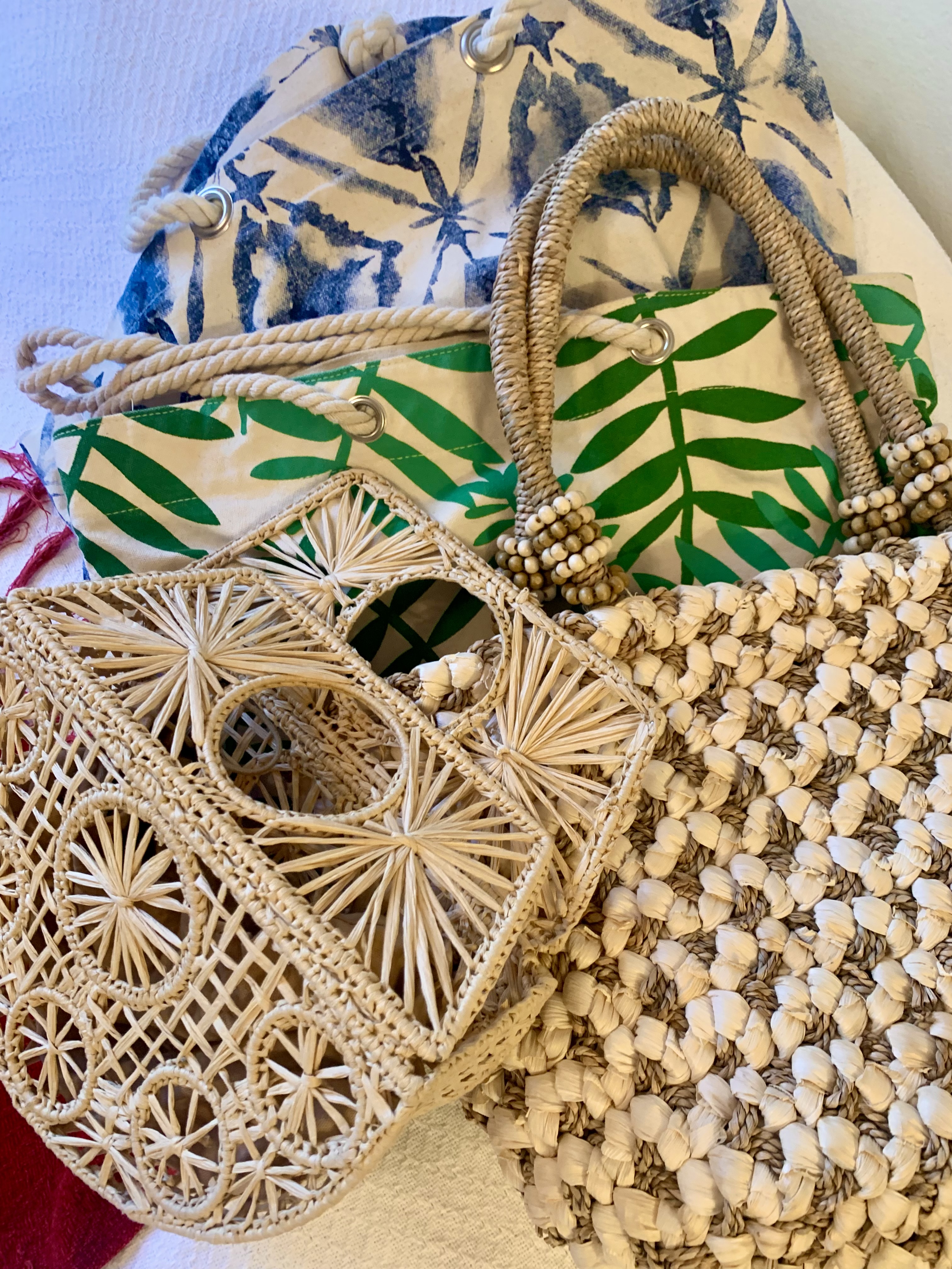 Rattan, macrame and canvas bags and purses